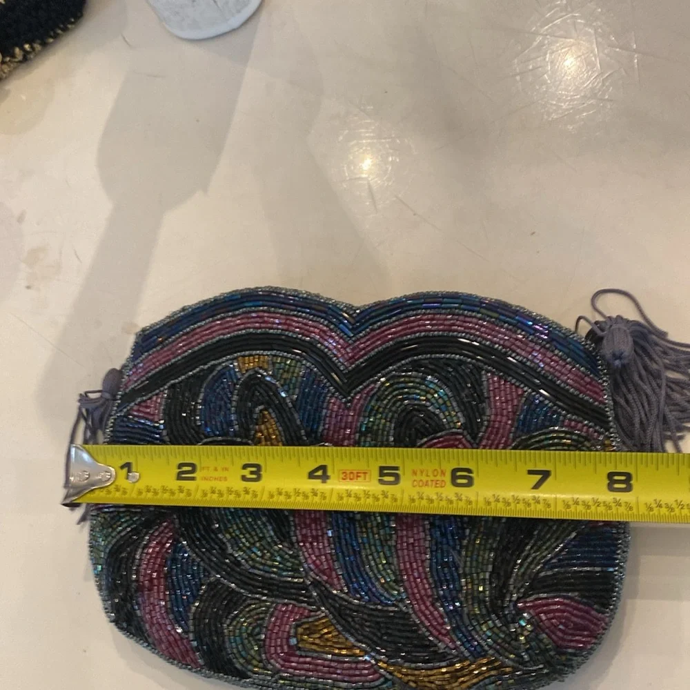 Vintage Beaded Clutch.  Multi‎ cColors on Front, Grey on Back.  Tassels.